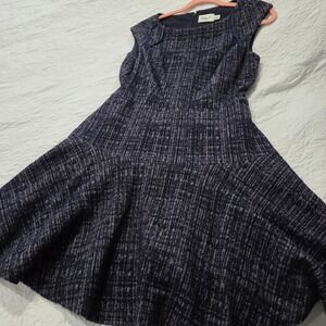 Eliza J Navy Blue Textured Woven Fit Flare Dress Size 10P Petite Drop waist